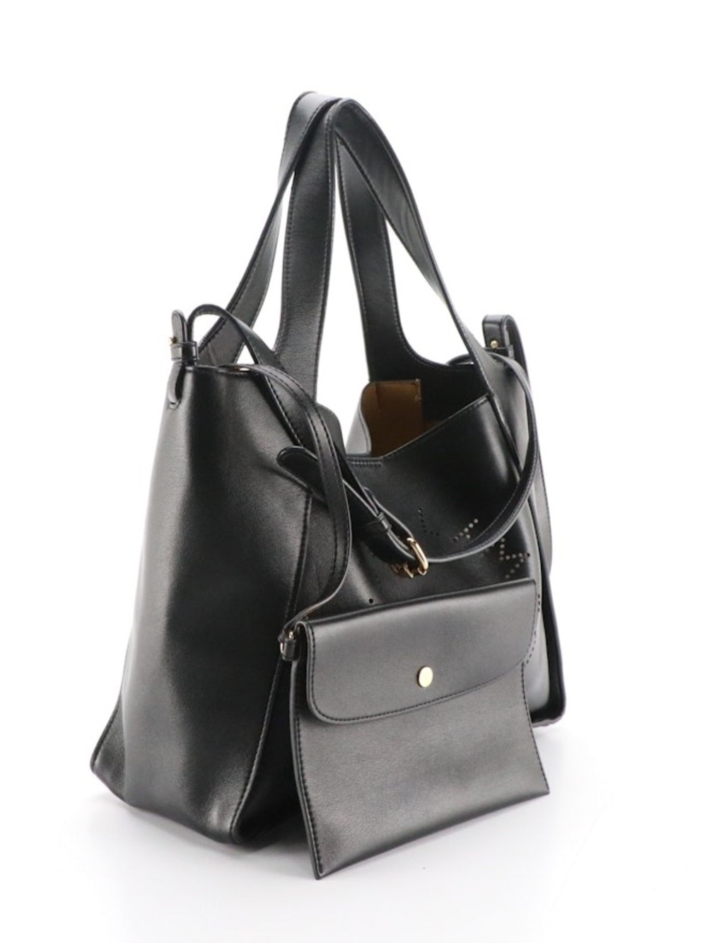 Stella McCartney Black Perforated Vegan Leather Two-Way Tote Bag with Pouch - Picture 2 of 11